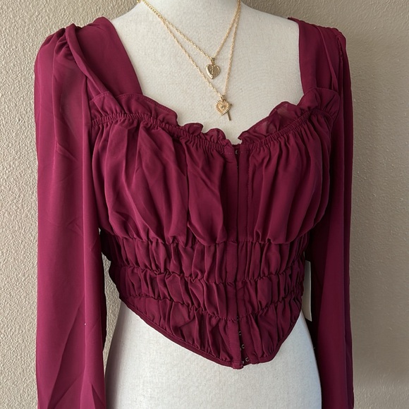 Burgundy chiffon corset long sleeve top - Picture 9 of 9